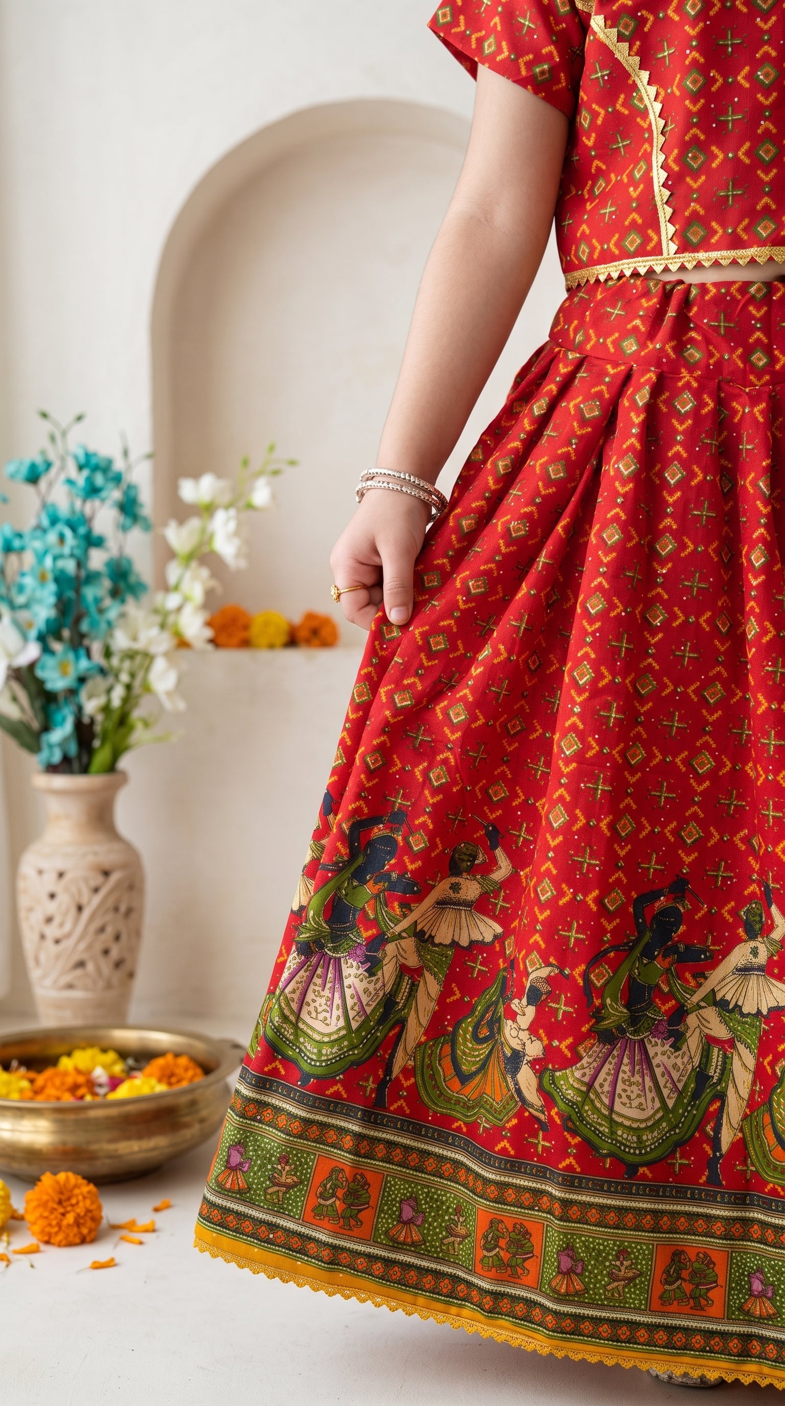 Ahhaaaa Girls' Traditional Dandiya Print Chaniya Choli | Festive Lehenga Blouse & Draped Dupatta 3-Piece Set