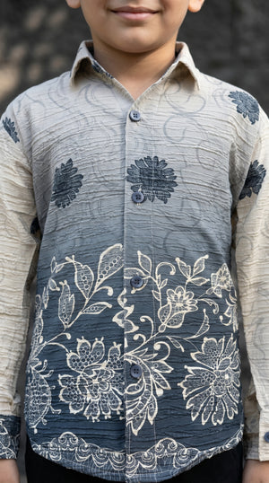 Ahhaaaa Boys Designer Textured Ombre Floral Shirt & Cargo Pant Set - Blue, Grey, Purple (2-8 Years)
