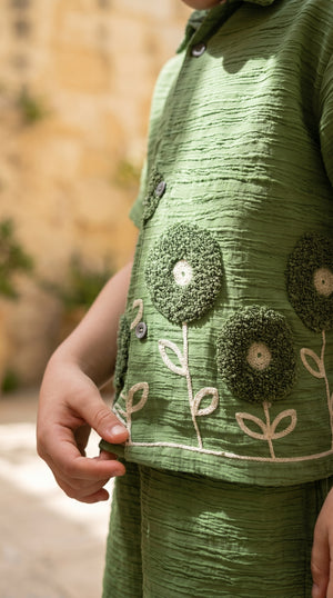 Ahhaaaa Boys Textured Co-ord Set with 3D Floral Embroidery - Shirt & Shorts (Brown, Green, Pink)