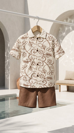 Ahhaaaa Boys 2-Piece Embroidered Floral Vine Co-ord Set - Brown, Green, Grey (2-12 Years)