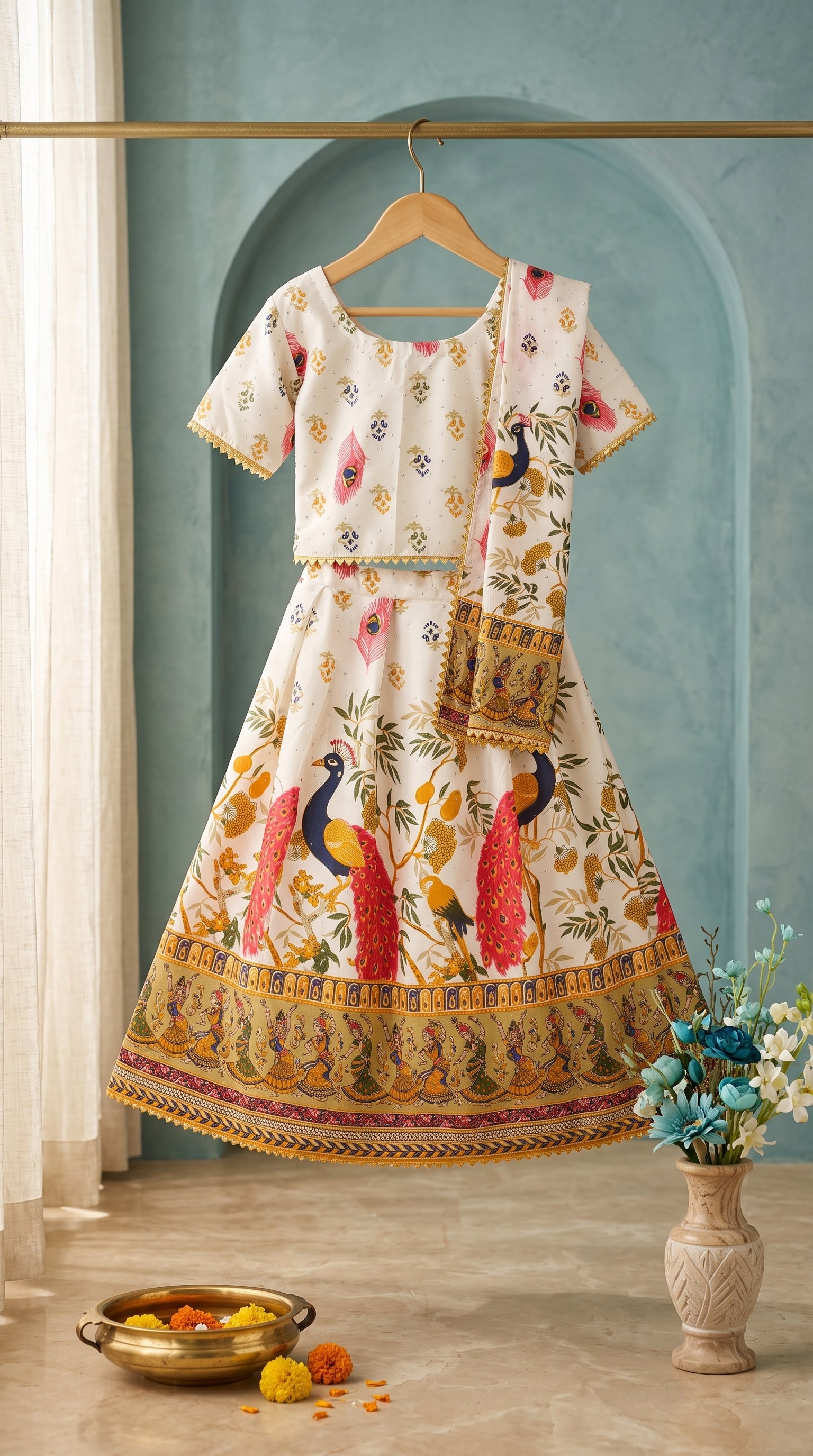 Ahhaaaa Girls' Peacock Kalamkari Print Chaniya Choli | Festive Lehenga Blouse & Draped Dupatta 3-Piece Set