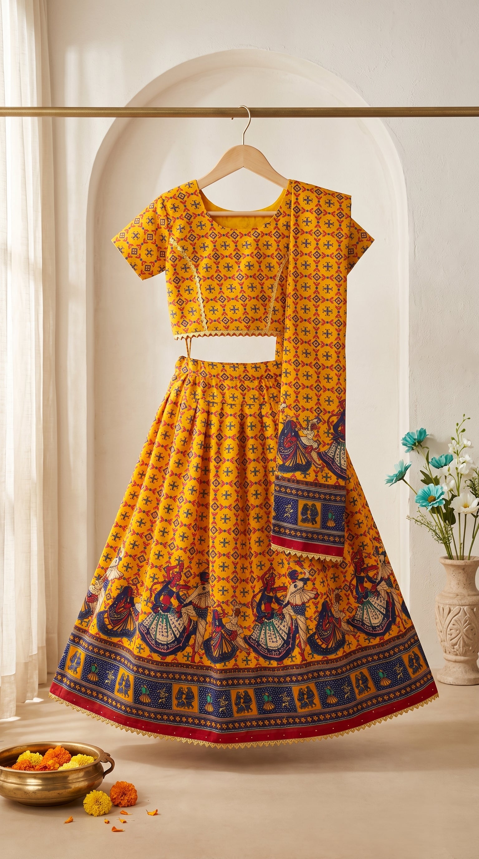 Ahhaaaa Girls' Traditional Dandiya Print Chaniya Choli | Festive Lehenga Blouse & Draped Dupatta 3-Piece Set