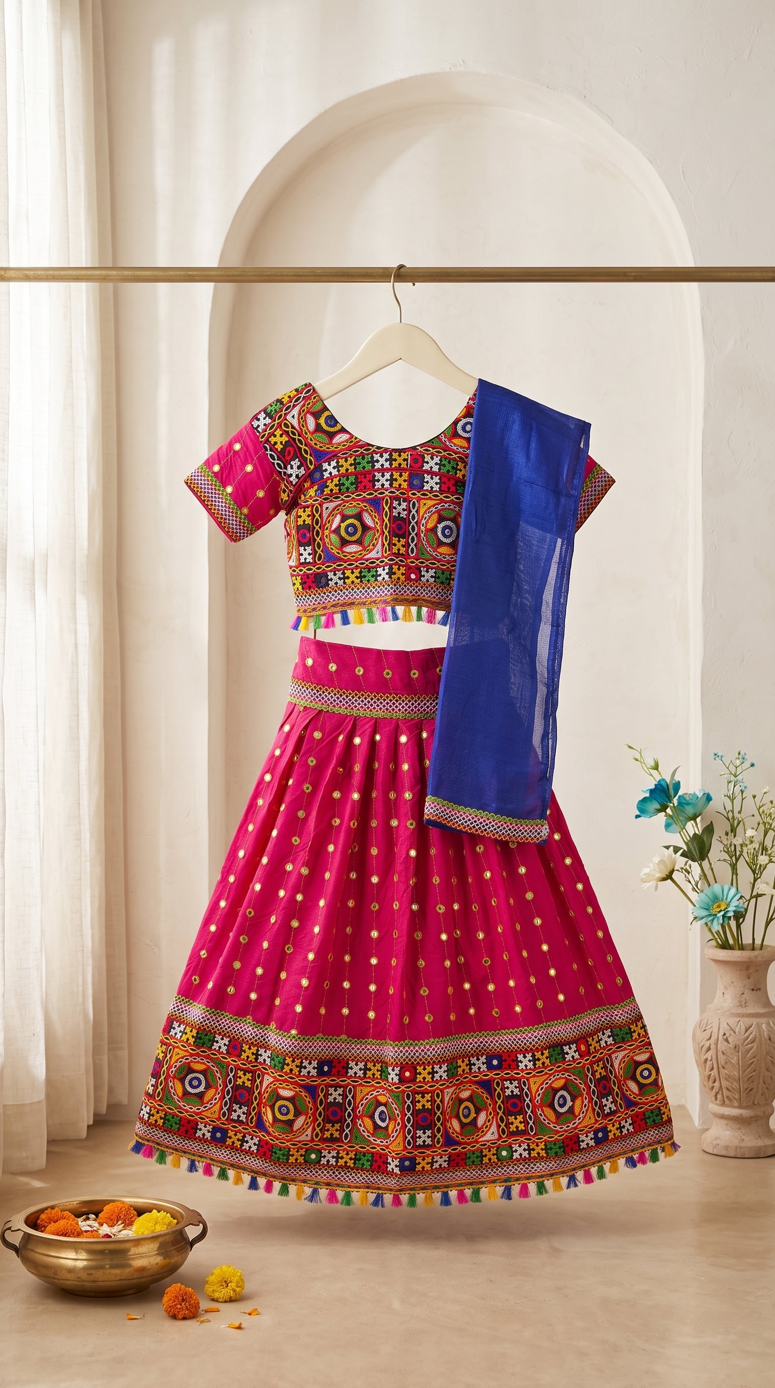 Ahhaaaa Girls' Traditional Dandiya Print Chaniya Choli | Festive Lehenga Blouse & Draped Dupatta 3-Piece Set