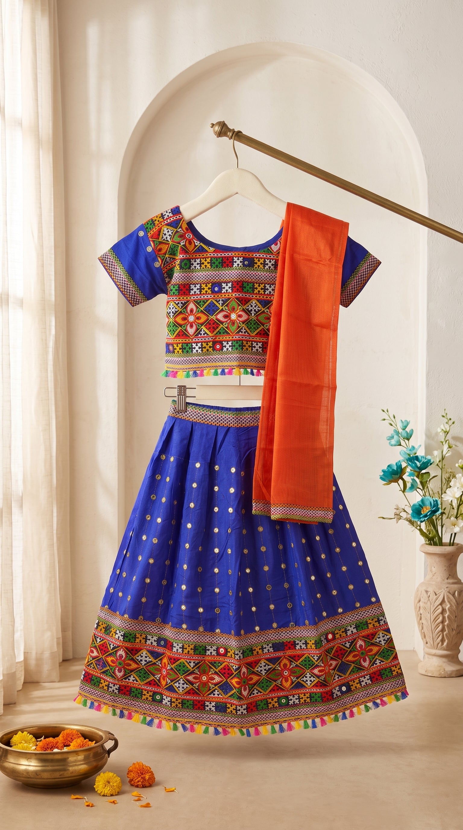 Ahhaaaa Girls' Traditional Dandiya Print Chaniya Choli | Festive Lehenga Blouse & Draped Dupatta 3-Piece Set