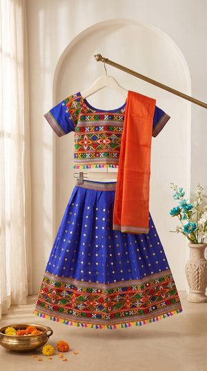 Ahhaaaa Girls' Traditional Dandiya Print Chaniya Choli | Festive Lehenga Blouse & Draped Dupatta 3-Piece Set