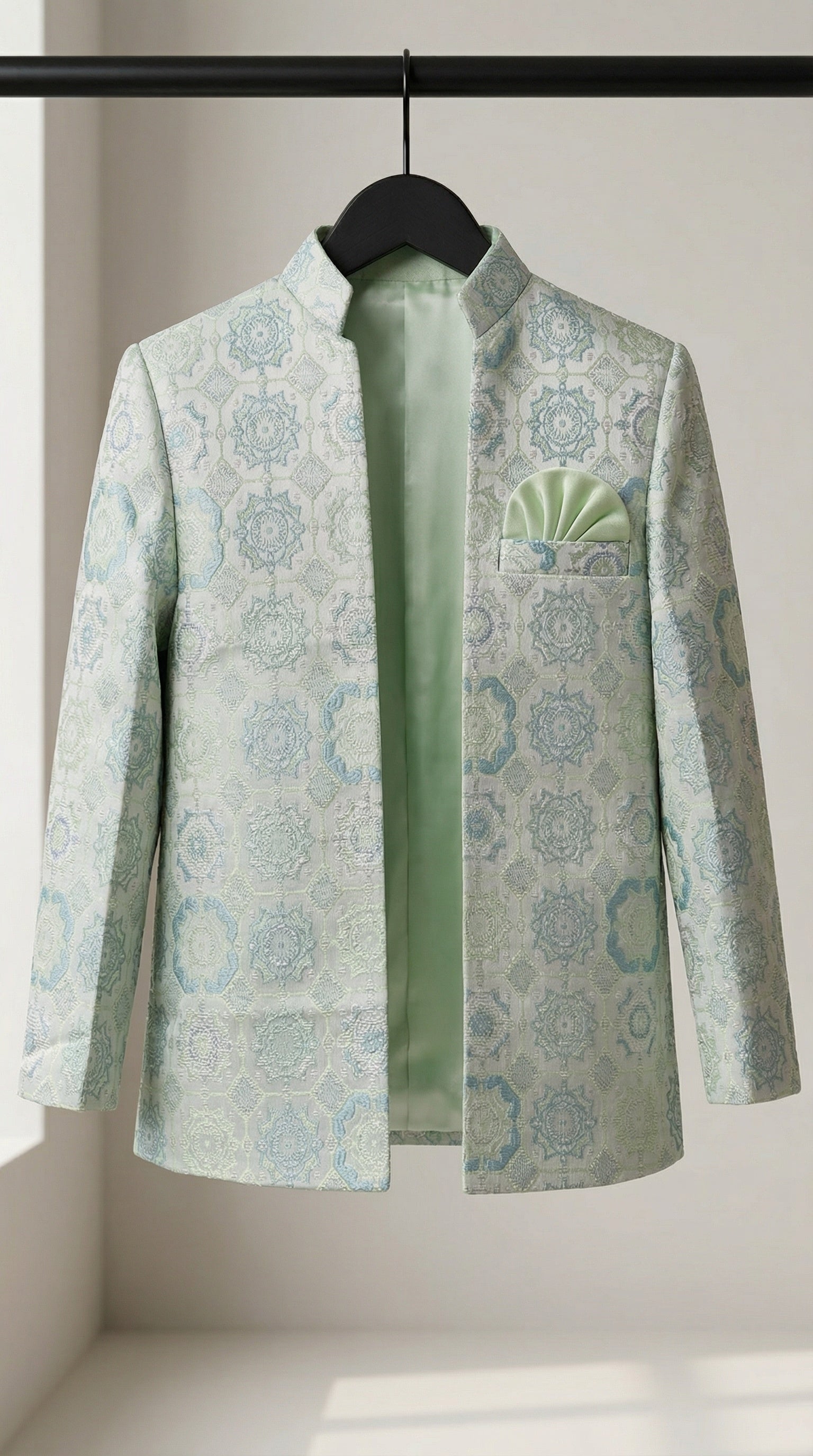 Ahhaaaa Boys' Royal Ethnic Printed Blazer with Sleeveless Kurta, Trouser & Maala Set (2-10 Years)
