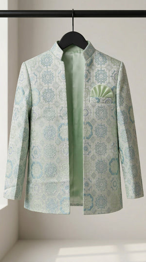 Ahhaaaa Boys' Royal Ethnic Printed Blazer with Sleeveless Kurta, Trouser & Maala Set (2-10 Years)