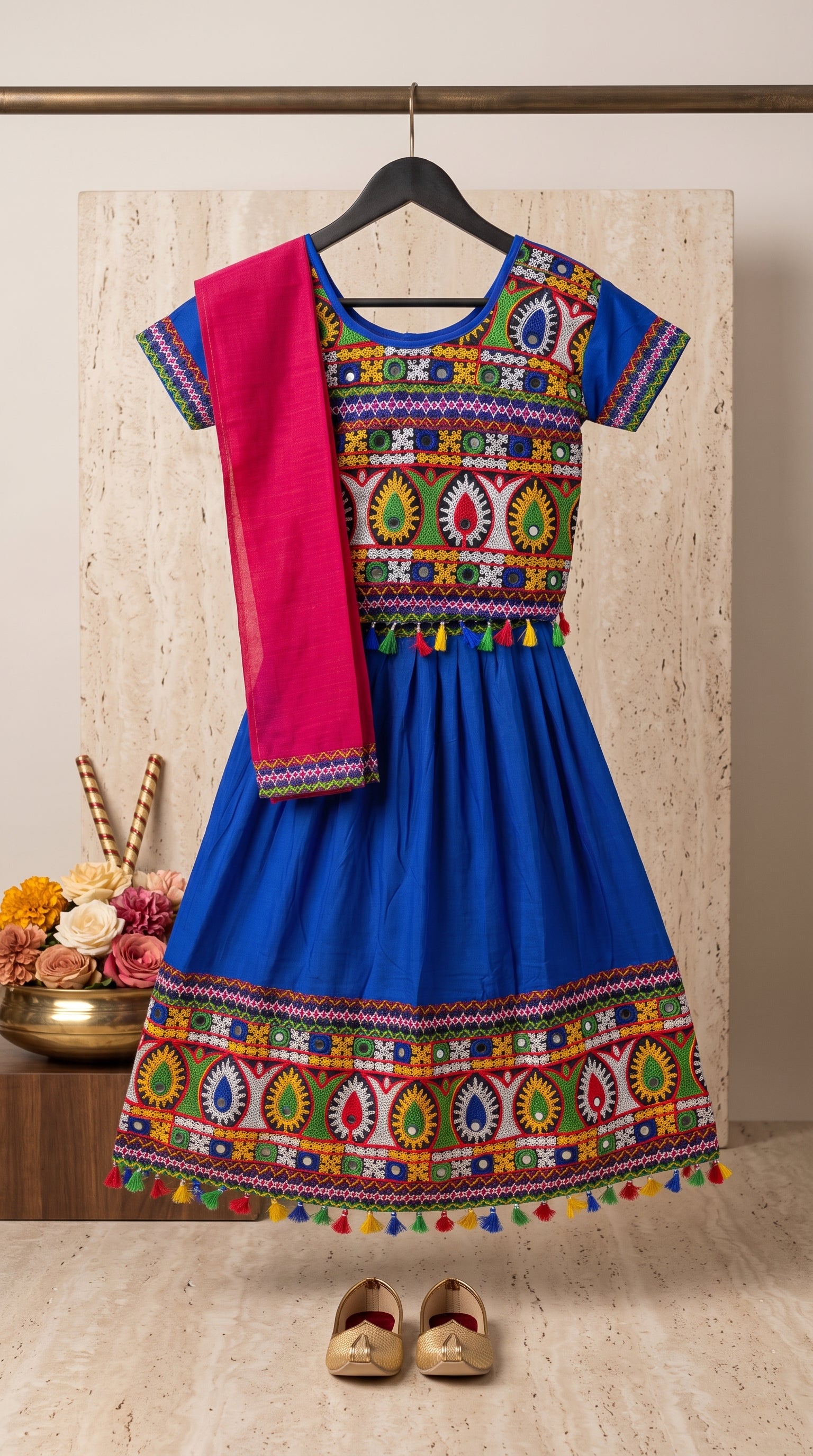 Ahhaaaa Girls' Traditional Embroidered Navratri Chaniya Choli | Festive Lehenga Blouse & Dupatta 3-Piece Set