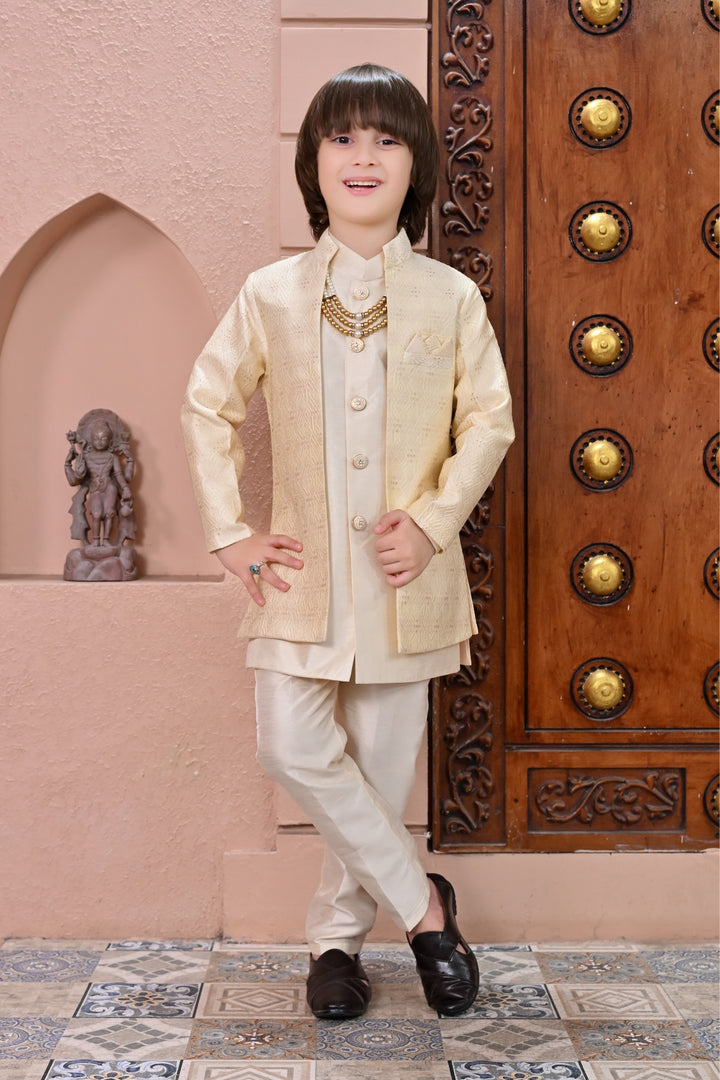 Ahhaaaa Kids Sequin Embedded Indo-Western Kurta, Pajama and Waistcoat Set for Boys