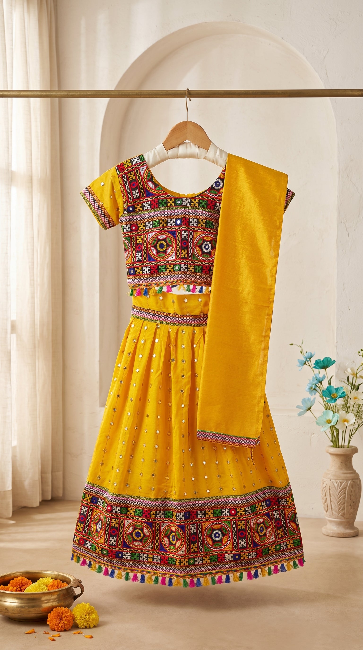Ahhaaaa Girls' Traditional Dandiya Print Chaniya Choli | Festive Lehenga Blouse & Draped Dupatta 3-Piece Set
