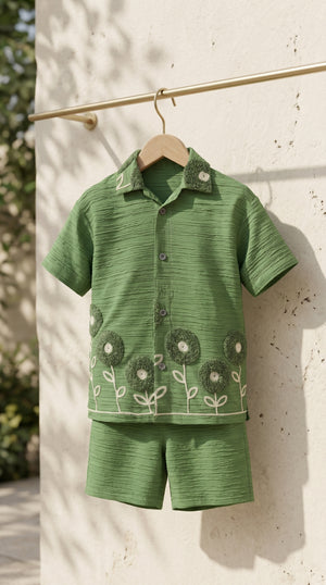 Ahhaaaa Boys Textured Co-ord Set with 3D Floral Embroidery - Shirt & Shorts (Brown, Green, Pink)