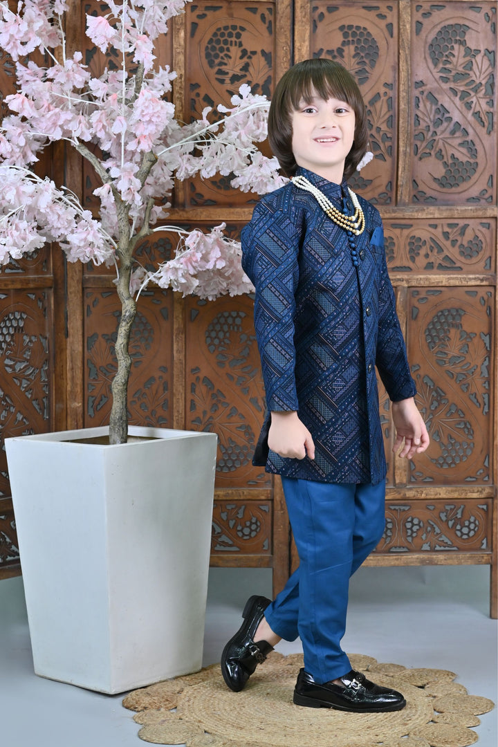 Ahhaaaa Kids Ethnic Jacquard Silk Floral Print Indo-Western Sherwani Set for Boys