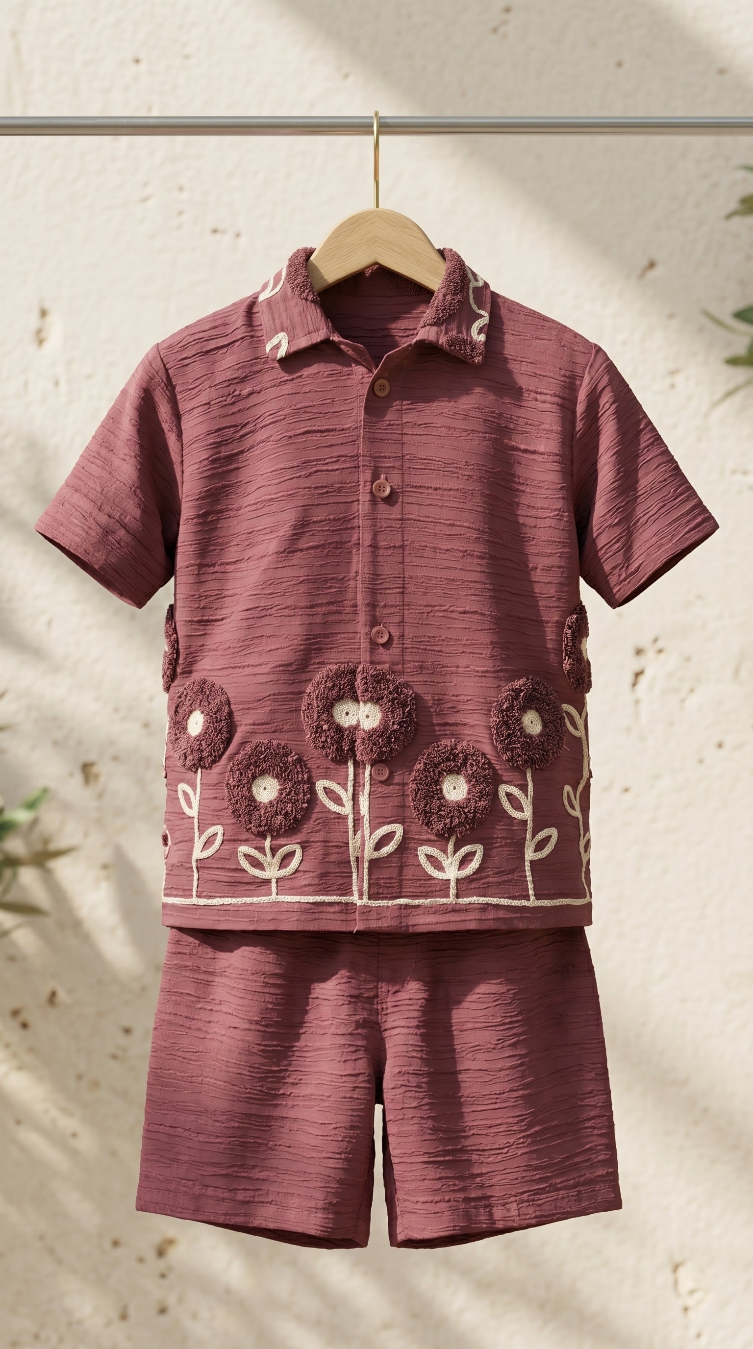 Ahhaaaa Boys Textured Co-ord Set with 3D Floral Embroidery - Shirt & Shorts (Brown, Green, Pink)