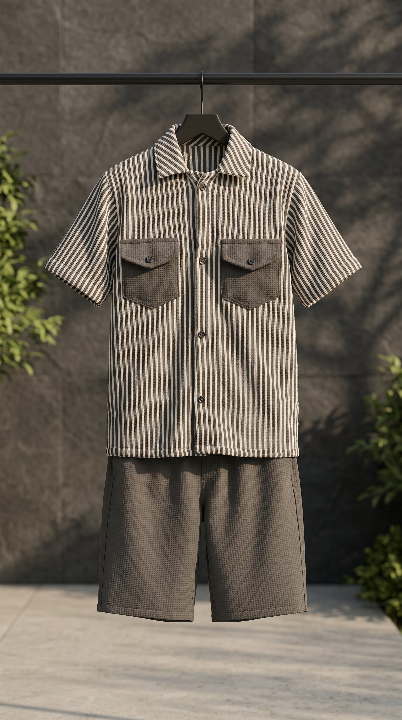 Ahhaaaa Boys 2-Piece Striped Textured Co-ord Set - Shirt & Shorts (Green, Pink, Grey)