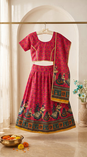 Ahhaaaa Girls' Traditional Dandiya Print Chaniya Choli | Festive Lehenga Blouse & Draped Dupatta 3-Piece Set