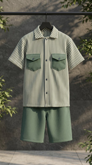 Ahhaaaa Boys 2-Piece Striped Textured Co-ord Set - Shirt & Shorts (Green, Pink, Grey)