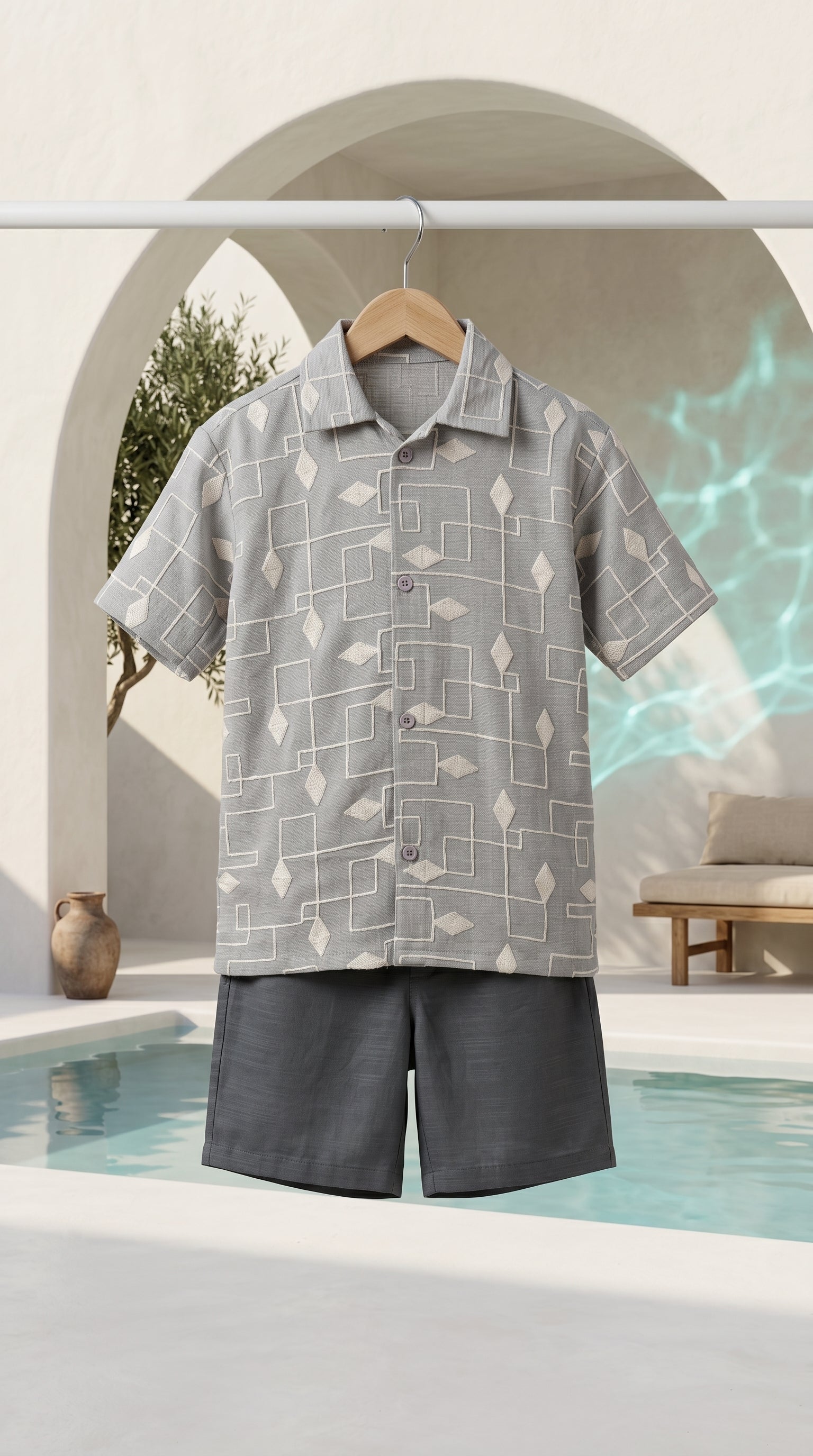 Ahhaaaa Boys 2-Piece Geometric Line-Art Co-ord Set - Brown, Green, Grey (2-12 Years)