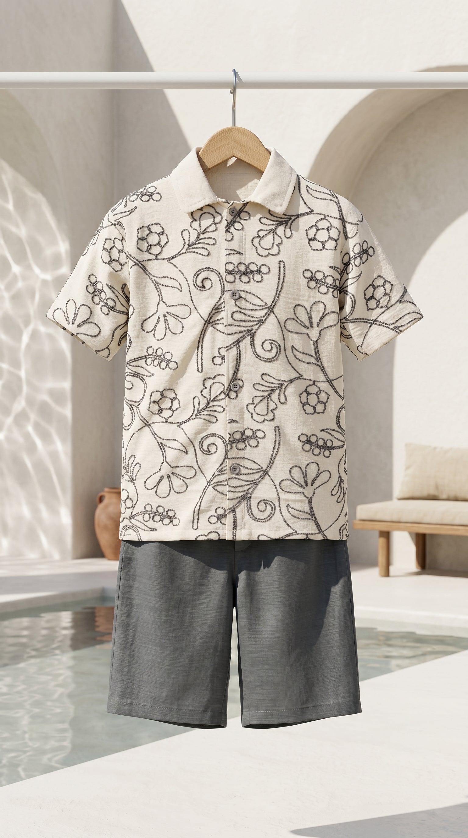 Ahhaaaa Boys 2-Piece Embroidered Floral Vine Co-ord Set - Brown, Green, Grey (2-12 Years)