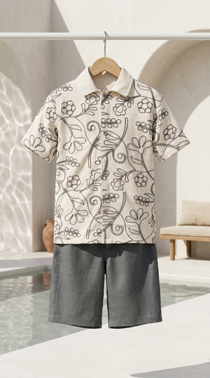 Ahhaaaa Boys 2-Piece Embroidered Floral Vine Co-ord Set - Brown, Green, Grey (2-12 Years)