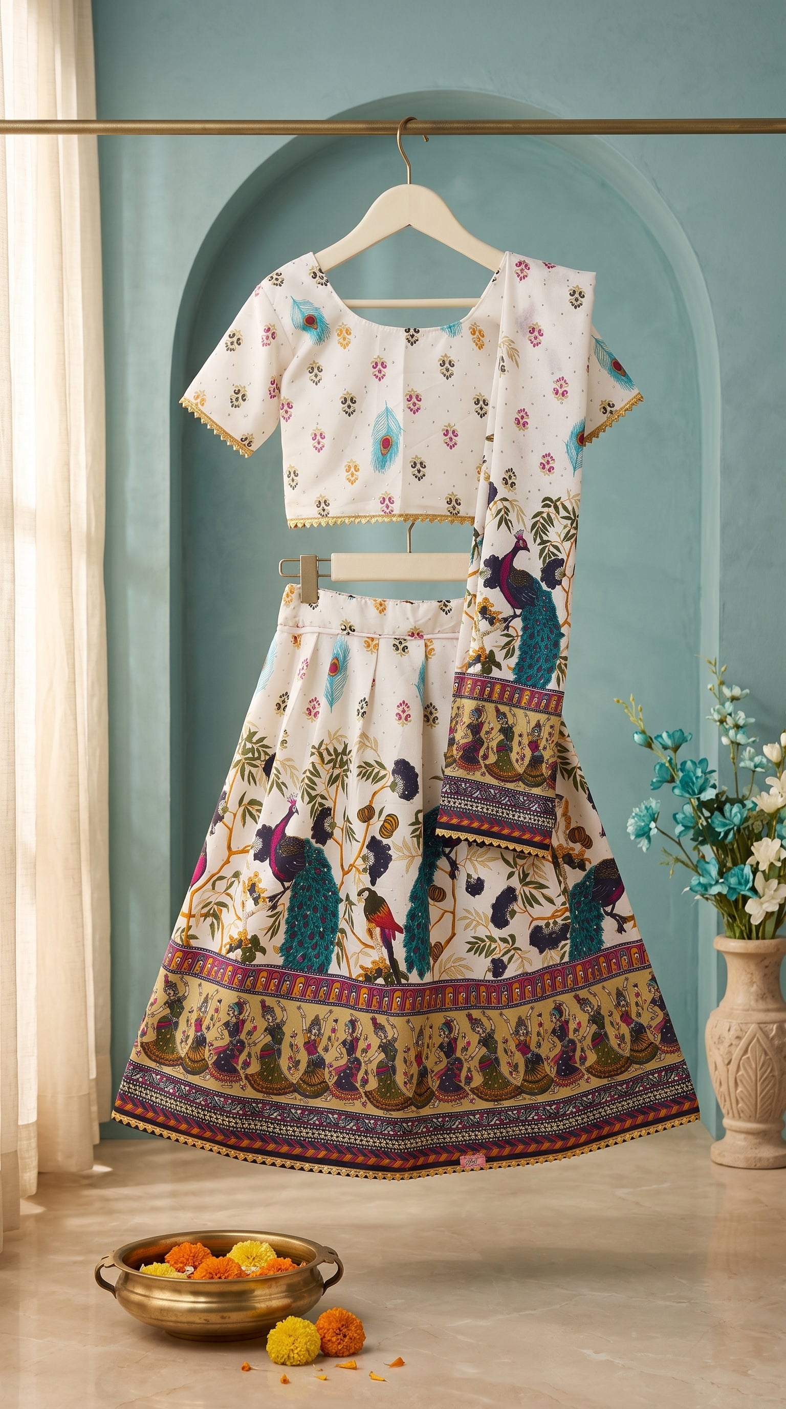 Ahhaaaa Girls' Peacock Kalamkari Print Chaniya Choli | Festive Lehenga Blouse & Draped Dupatta 3-Piece Set