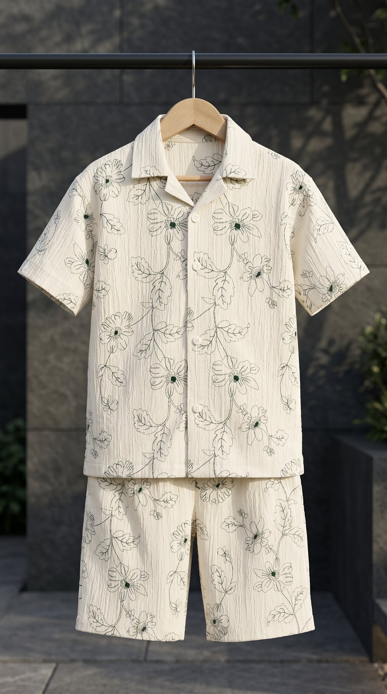 Ahhaaaa Boys 2-Piece Botanical Line-Art Co-ord Set - Shirt & Shorts (Green, Grey, Purple)