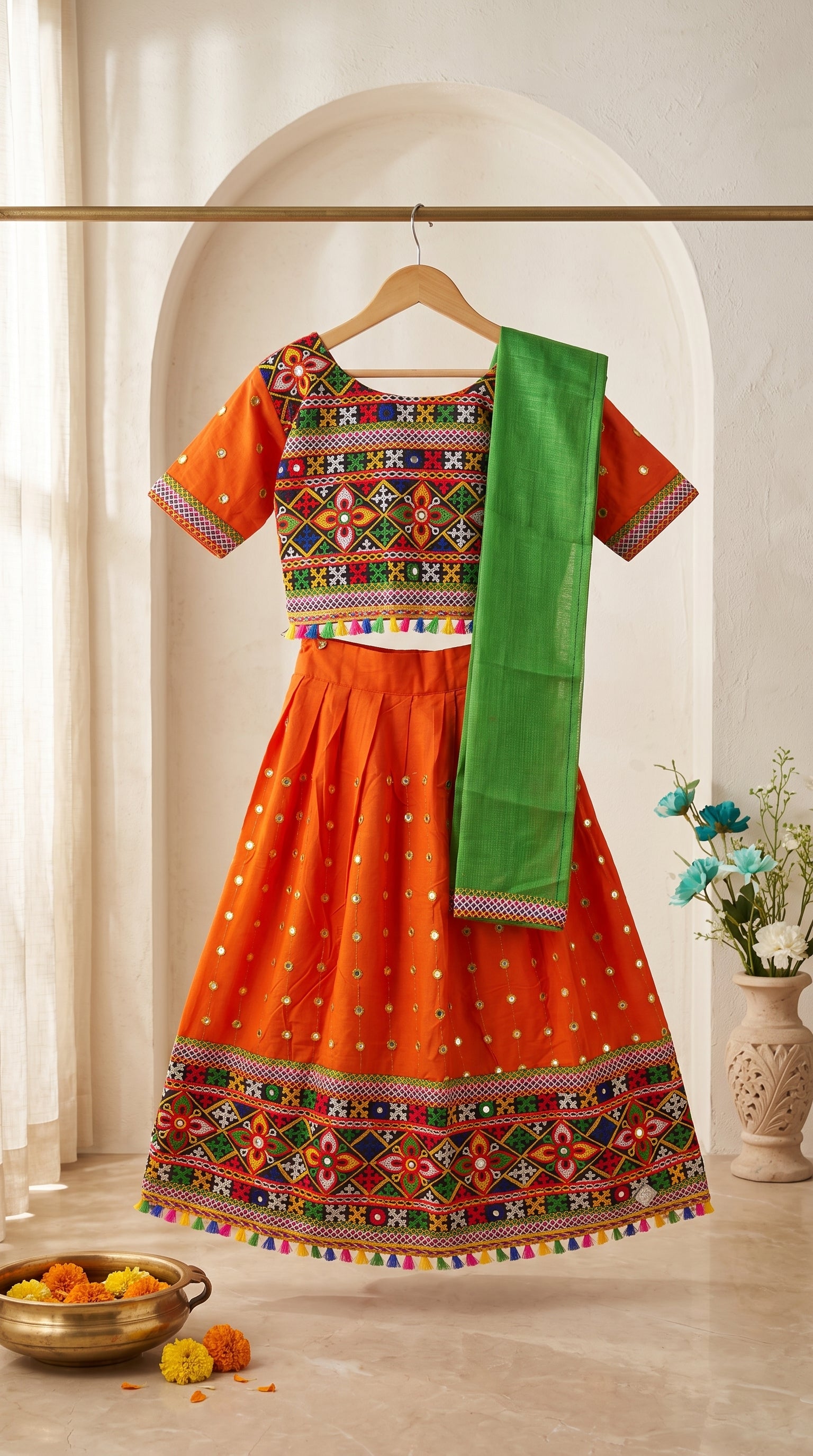 Ahhaaaa Girls' Traditional Dandiya Print Chaniya Choli | Festive Lehenga Blouse & Draped Dupatta 3-Piece Set