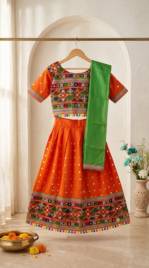 Ahhaaaa Girls' Traditional Dandiya Print Chaniya Choli | Festive Lehenga Blouse & Draped Dupatta 3-Piece Set