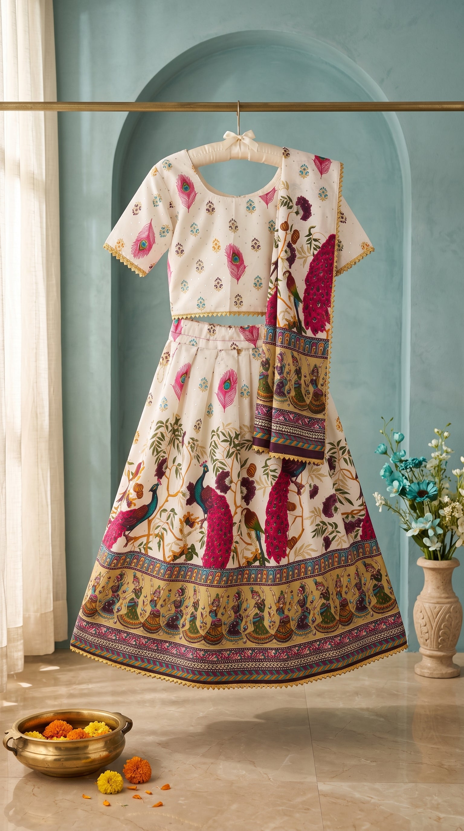Ahhaaaa Girls' Peacock Kalamkari Print Chaniya Choli | Festive Lehenga Blouse & Draped Dupatta 3-Piece Set