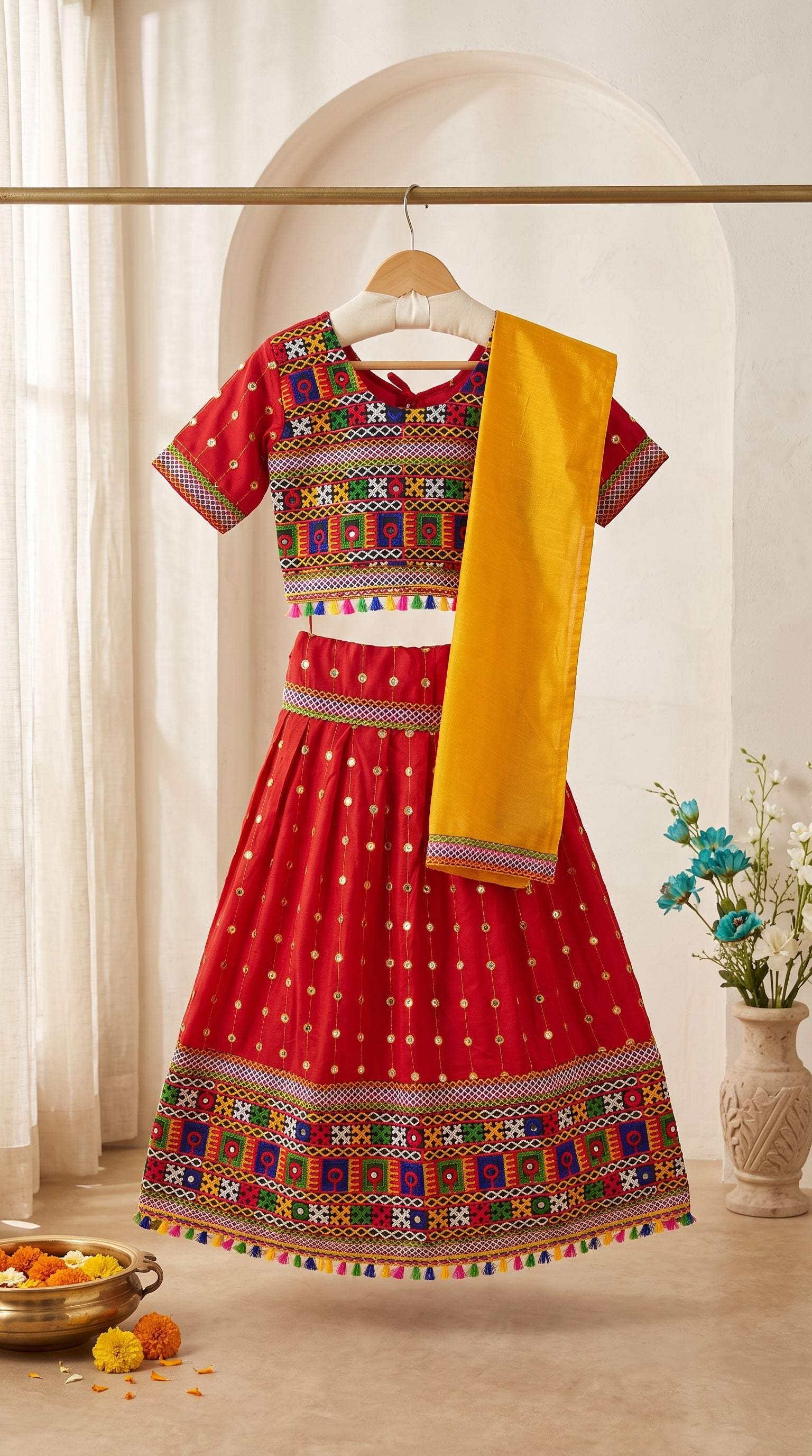 Ahhaaaa Girls' Traditional Dandiya Print Chaniya Choli | Festive Lehenga Blouse & Draped Dupatta 3-Piece Set