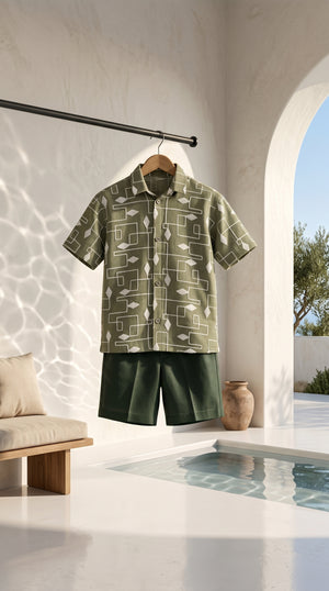 Ahhaaaa Boys 2-Piece Geometric Line-Art Co-ord Set - Brown, Green, Grey (2-12 Years)