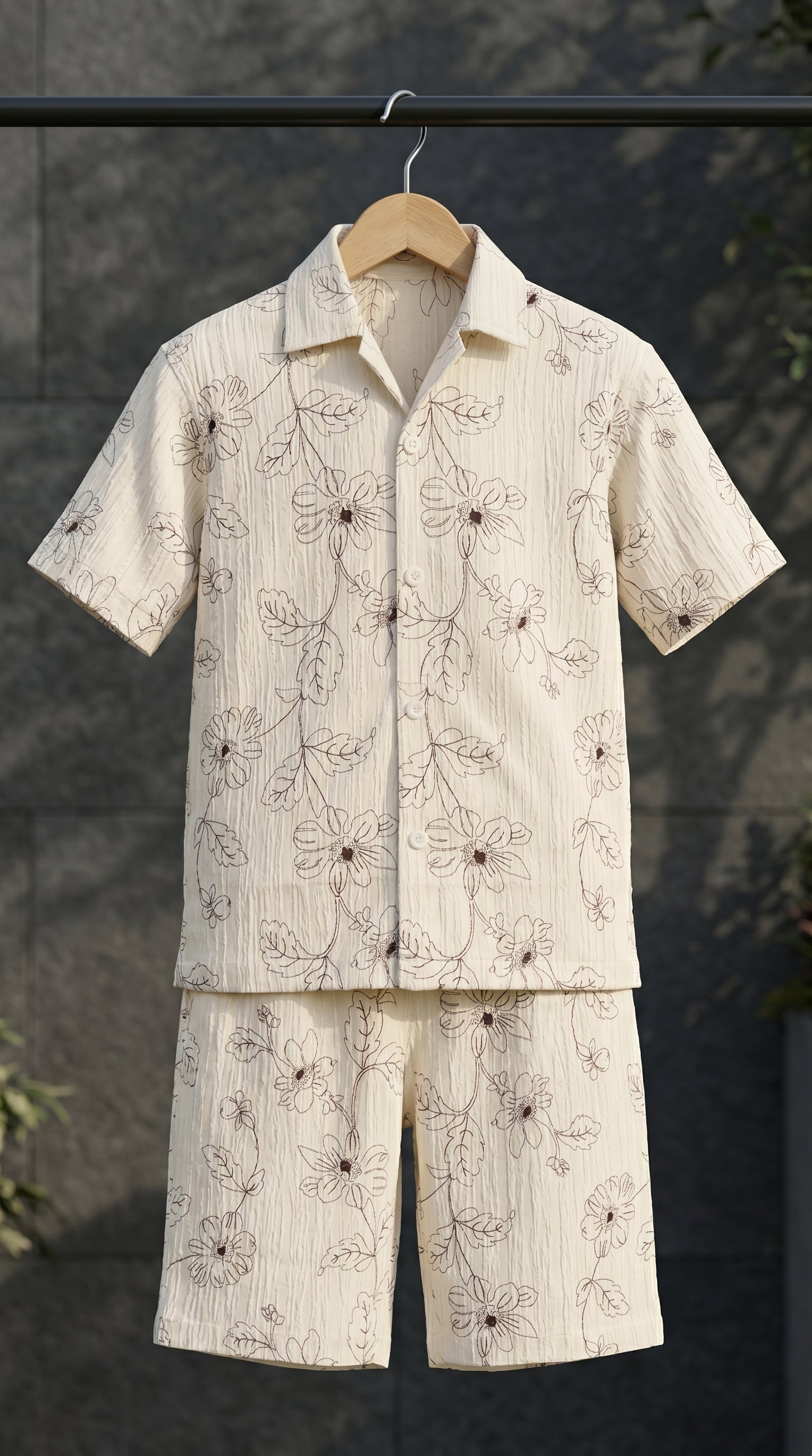 Ahhaaaa Boys 2-Piece Botanical Line-Art Co-ord Set - Shirt & Shorts (Green, Grey, Purple)