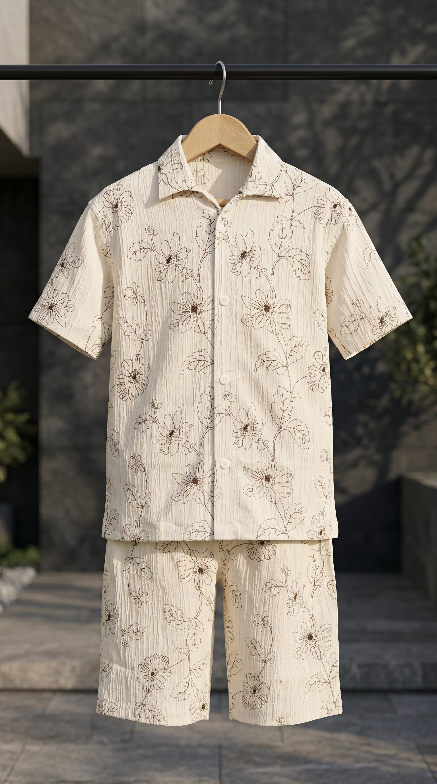 Ahhaaaa Boys 2-Piece Botanical Line-Art Co-ord Set - Shirt & Shorts (Green, Grey, Purple)