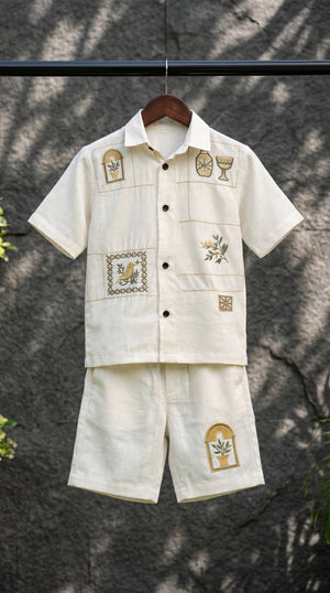 Ahhaaaa Boys Embroidered Summer Co-ord Set - Beige Shirt & Shorts (1-7 Years)