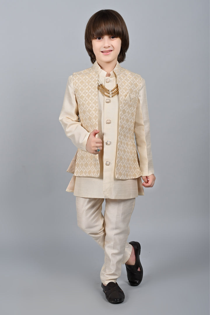 Ahhaaaa Kids Sequin Embedded Indo-Western Kurta, Pajama and Waistcoat Set for Boys