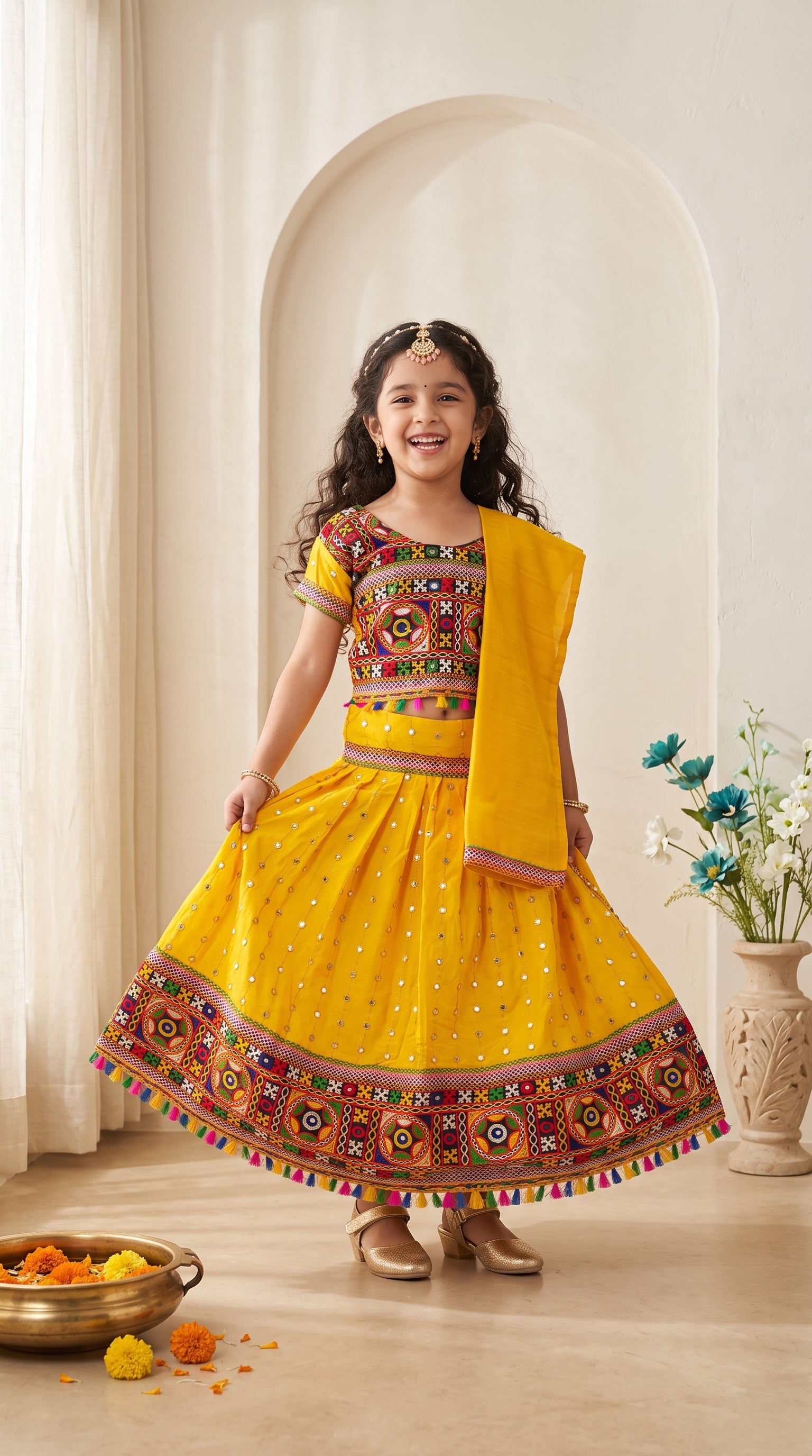 Ahhaaaa Girls' Traditional Dandiya Print Chaniya Choli | Festive Lehenga Blouse & Draped Dupatta 3-Piece Set