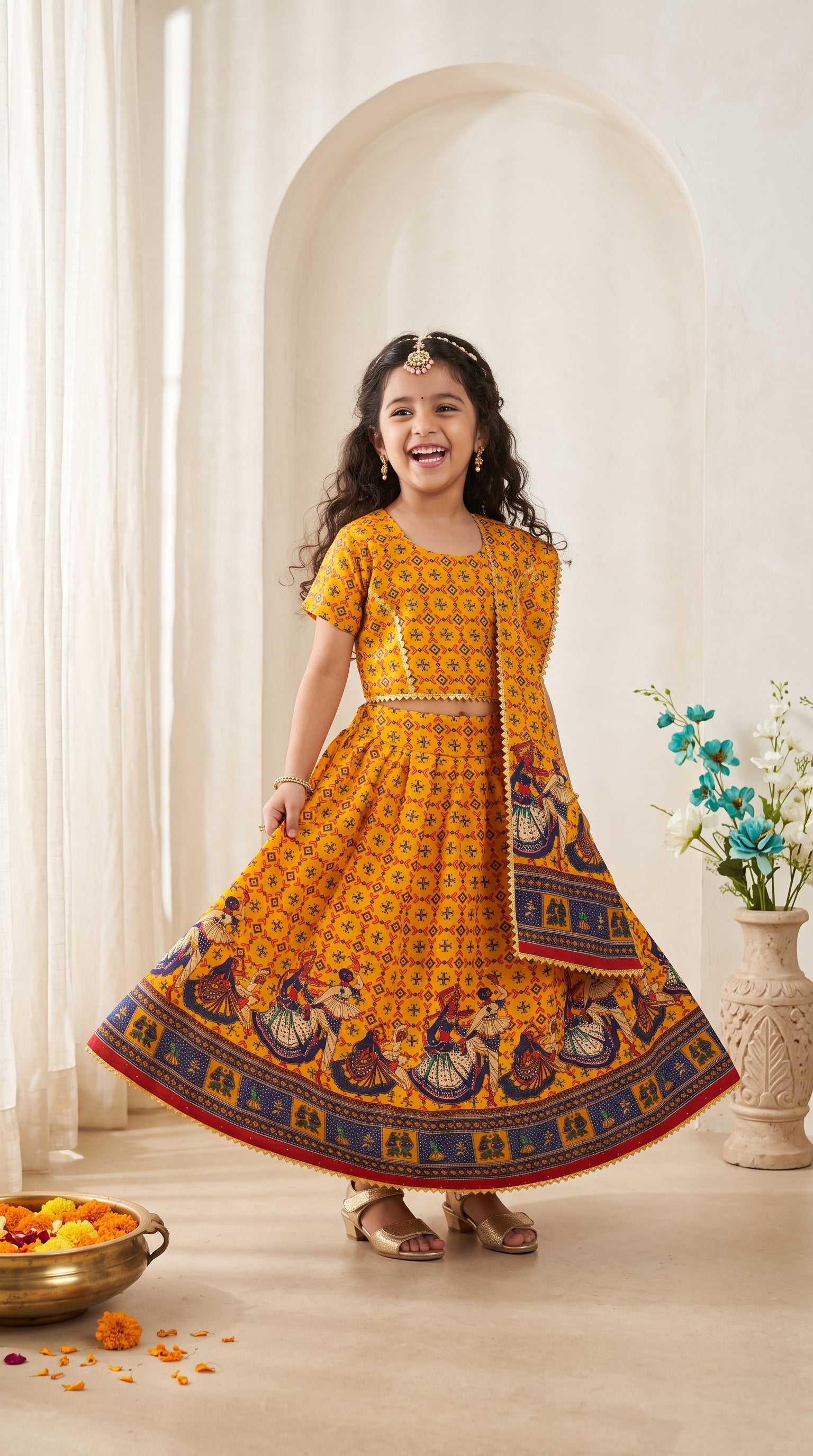 Ahhaaaa Girls' Traditional Dandiya Print Chaniya Choli | Festive Lehenga Blouse & Draped Dupatta 3-Piece Set