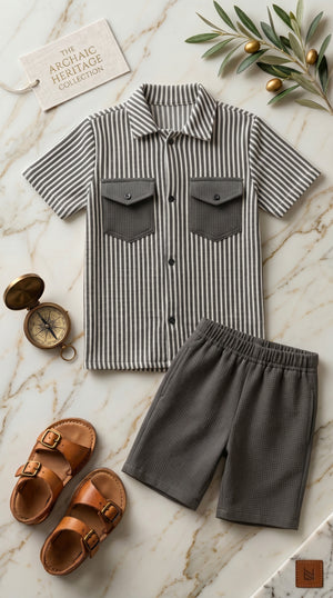 Ahhaaaa Boys 2-Piece Striped Textured Co-ord Set - Shirt & Shorts (Green, Pink, Grey)