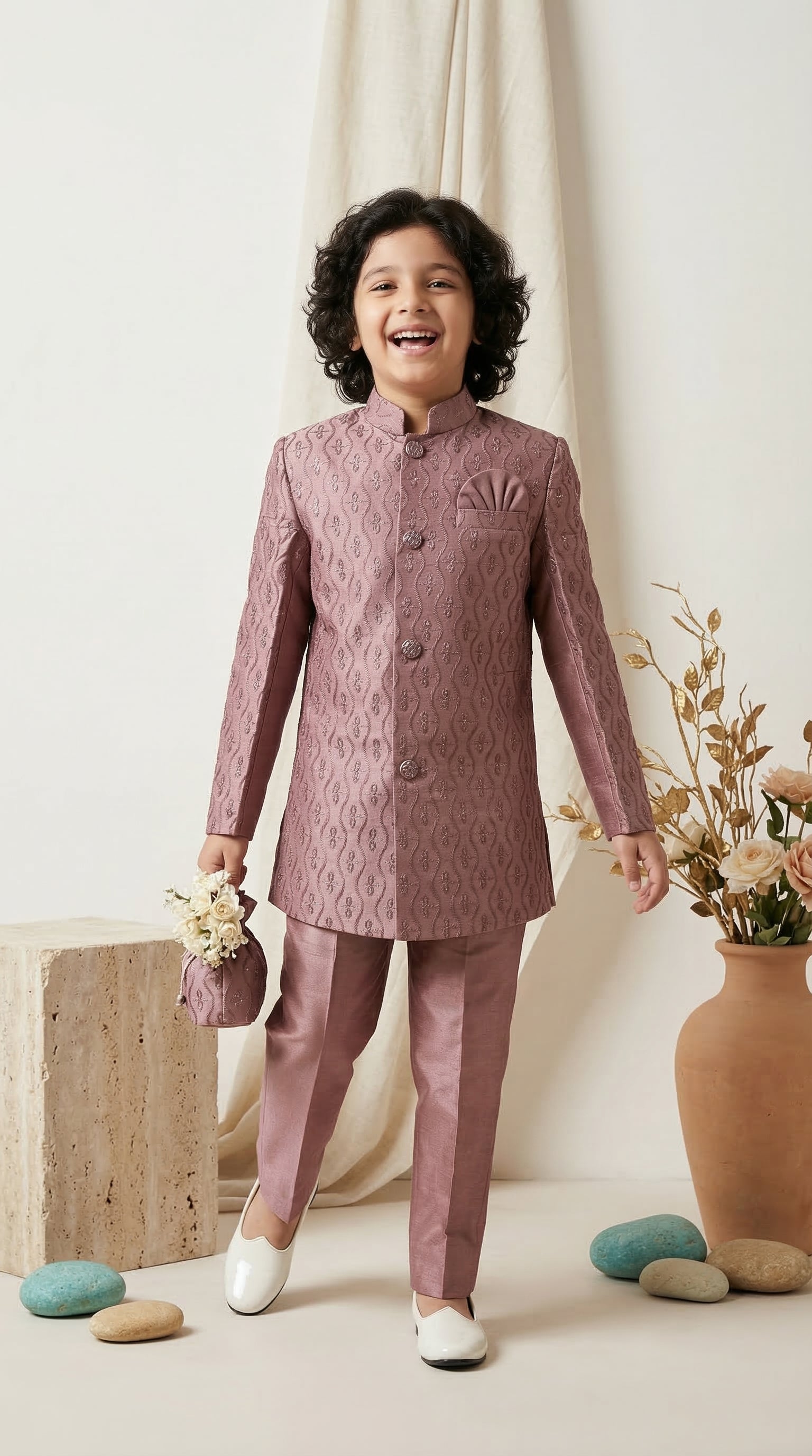Ahhaaaa Boys Designer Jodhpuri Bandhgala Suit Set - Green, Pink, Cream (2-11 Years)