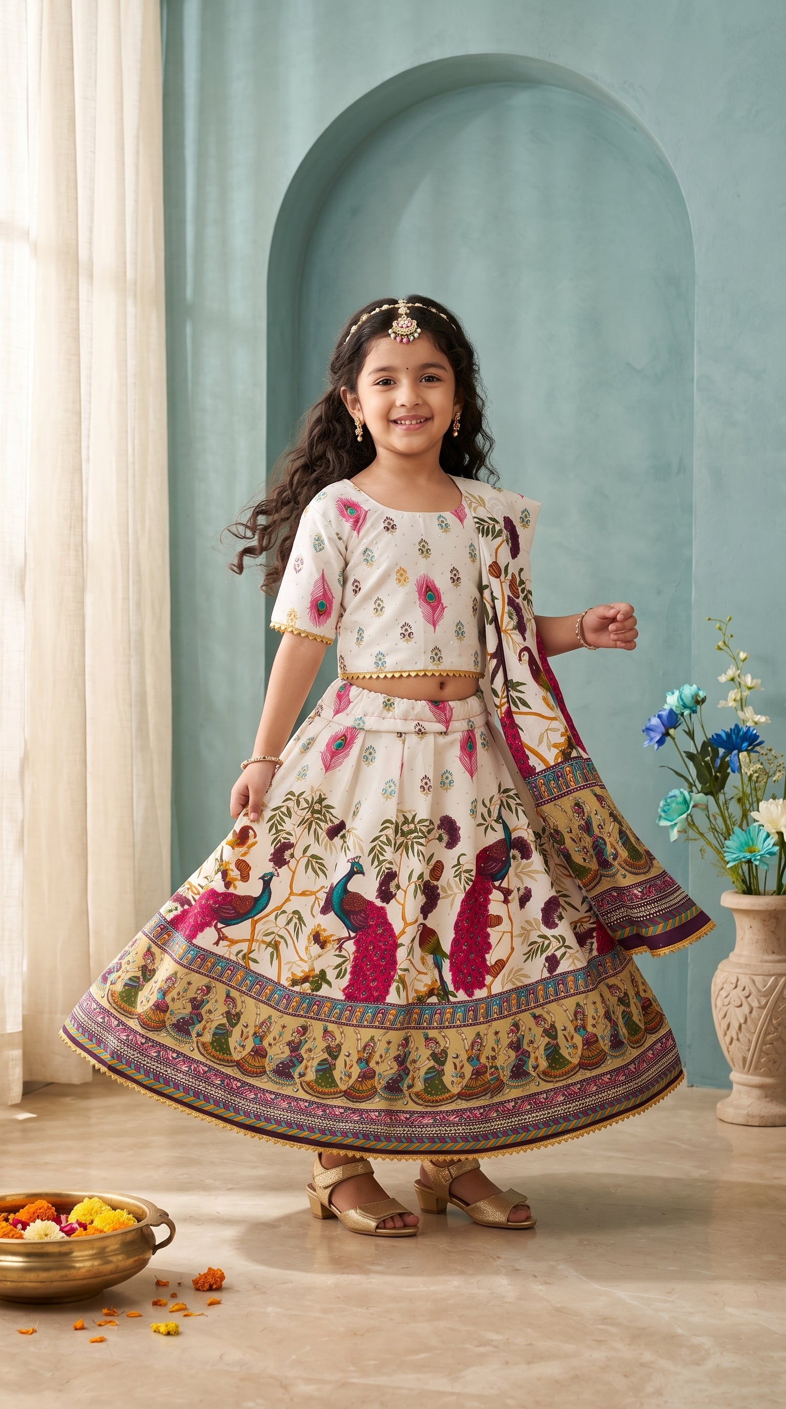 Ahhaaaa Girls' Peacock Kalamkari Print Chaniya Choli | Festive Lehenga Blouse & Draped Dupatta 3-Piece Set