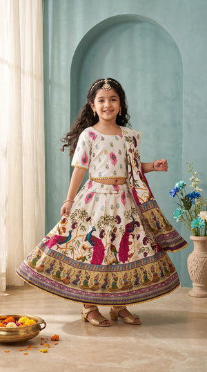 Ahhaaaa Girls' Peacock Kalamkari Print Chaniya Choli | Festive Lehenga Blouse & Draped Dupatta 3-Piece Set