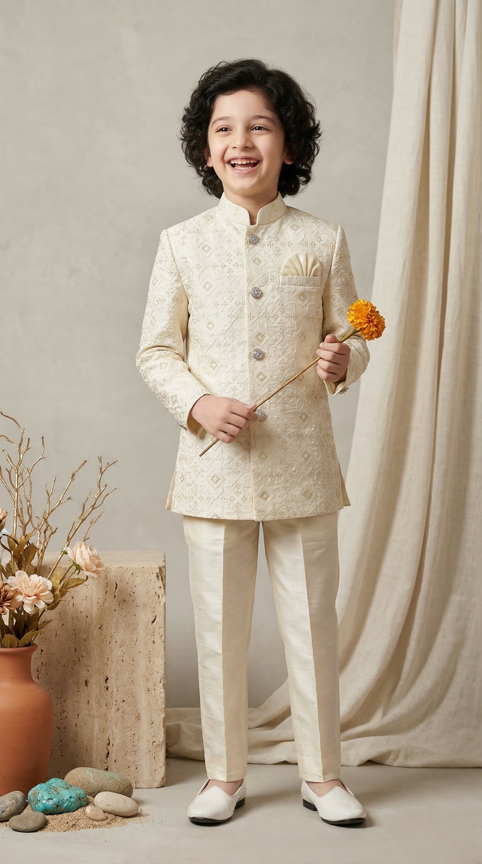 Ahhaaaa Boys Designer Jodhpuri Bandhgala Suit Set - Wine, Pink, Cream (2-11 Years)