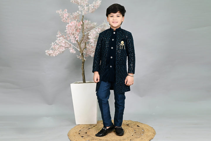 AHHAAAA Boys Velvet Embroidered 2-Piece Sherwani Set with Solid Pajama Pants – Elegant Traditional Outfit for Kids|573|