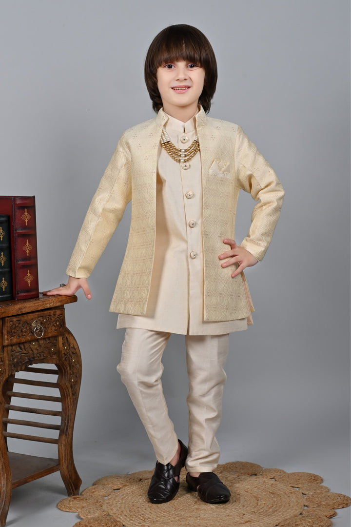 Ahhaaaa Kids Sequin Embedded Indo-Western Kurta, Pajama and Waistcoat Set for Boys Beige