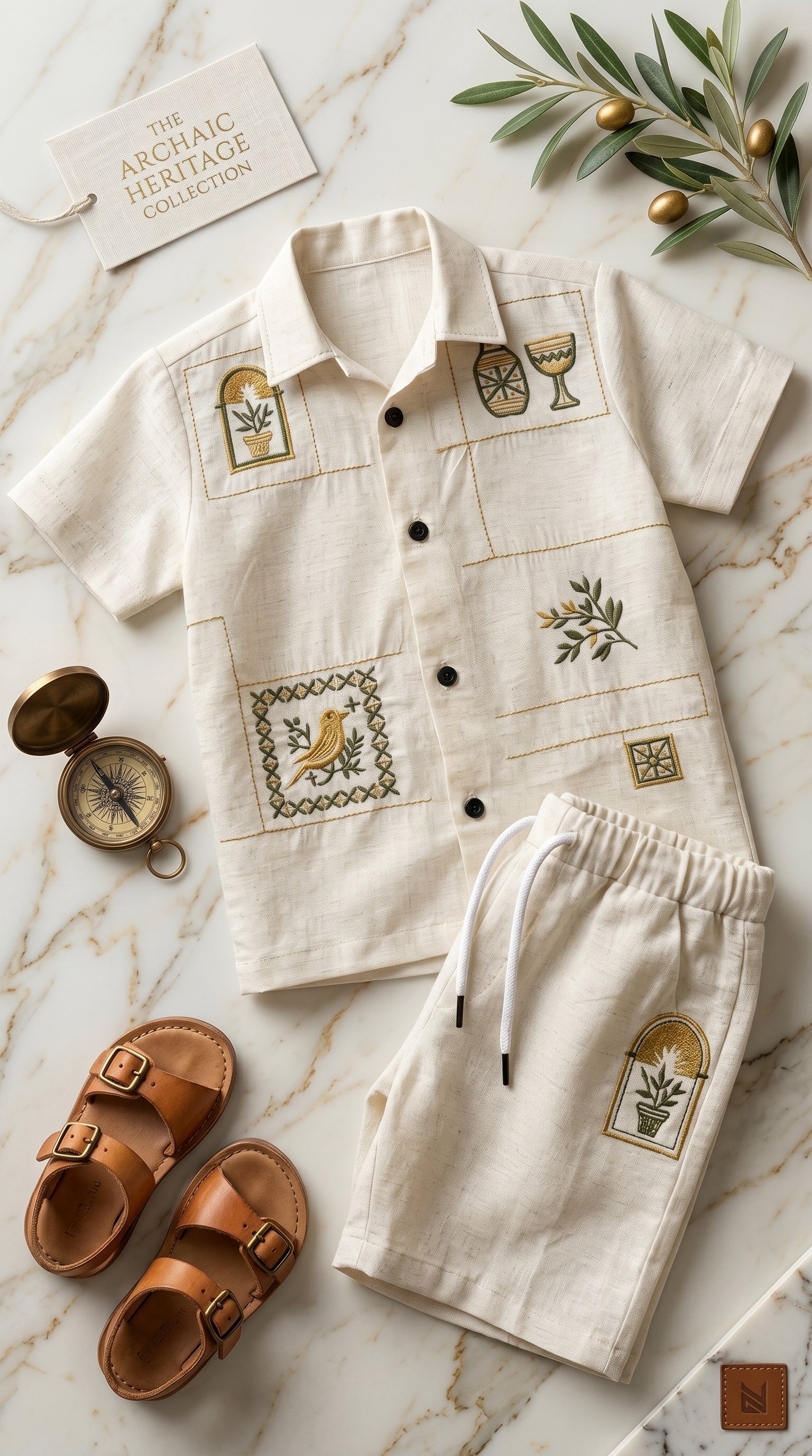 Ahhaaaa Boys Embroidered Summer Co-ord Set - Beige Shirt & Shorts (1-7 Years)