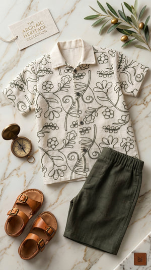 Ahhaaaa Boys 2-Piece Embroidered Floral Vine Co-ord Set - Brown, Green, Grey (2-12 Years)