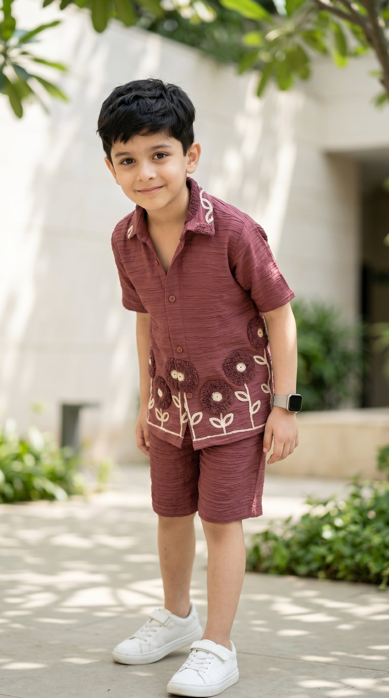 Ahhaaaa Boys Textured Co-ord Set with 3D Floral Embroidery - Shirt & Shorts (Brown, Green, Pink)