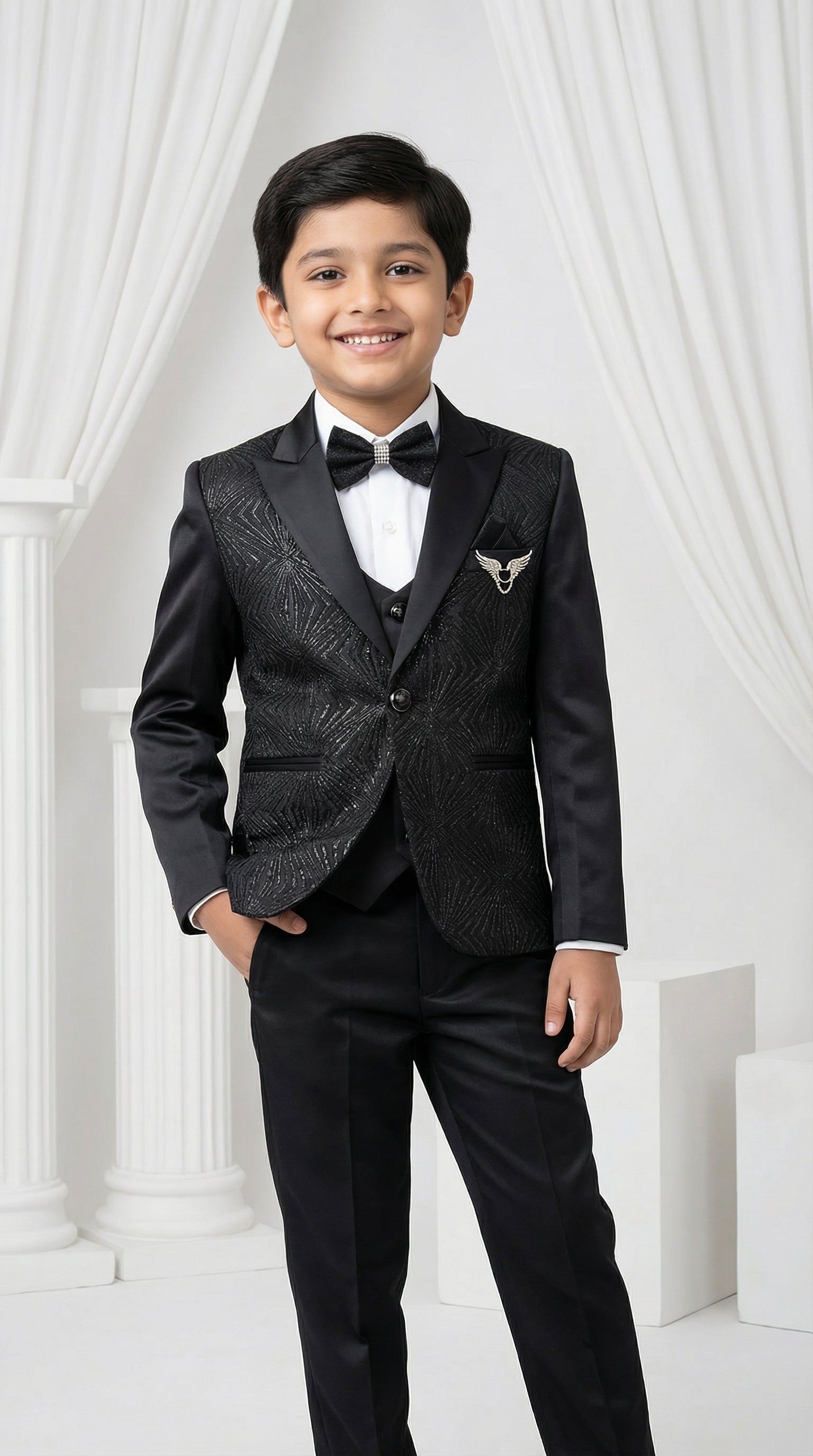 Ahhaaaa Boys Luxury 3-Piece Textured Coat Suit Set (Available in Wine, Black, Navy)