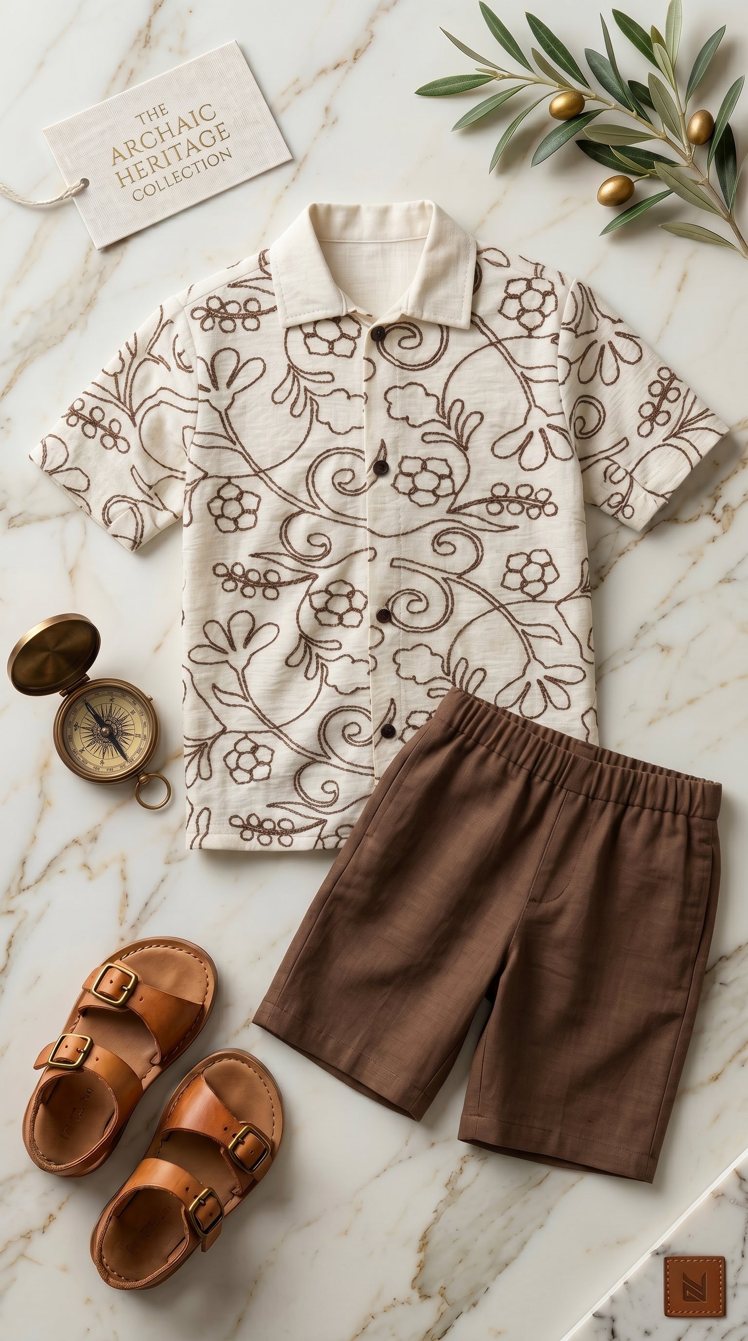 Ahhaaaa Boys 2-Piece Embroidered Floral Vine Co-ord Set - Brown, Green, Grey (2-12 Years)