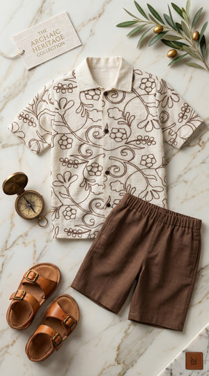 Ahhaaaa Boys 2-Piece Embroidered Floral Vine Co-ord Set - Brown, Green, Grey (2-12 Years)