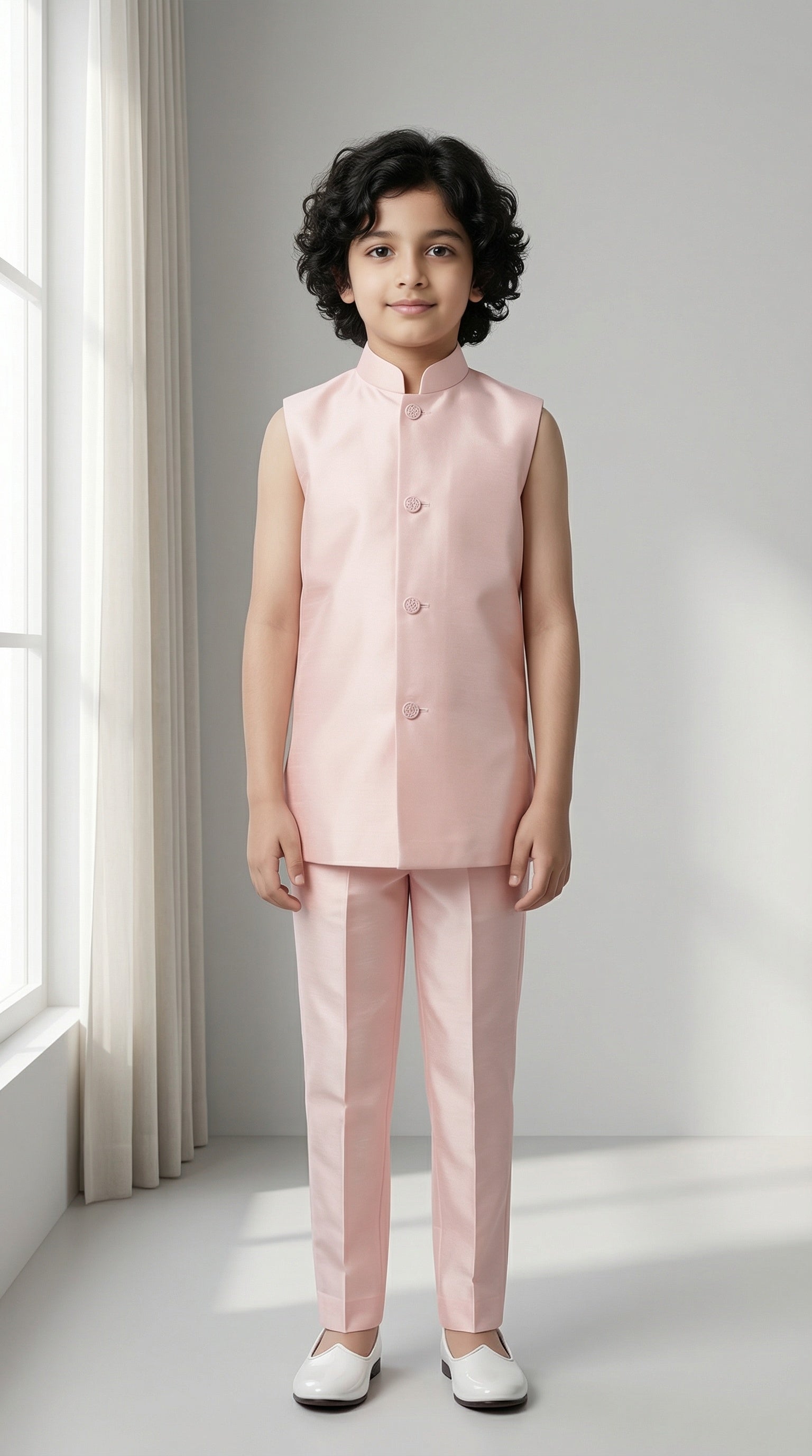 Ahhaaaa Boys' Royal Ethnic Printed Blazer with Sleeveless Kurta, Trouser & Maala Set (2-10 Years)